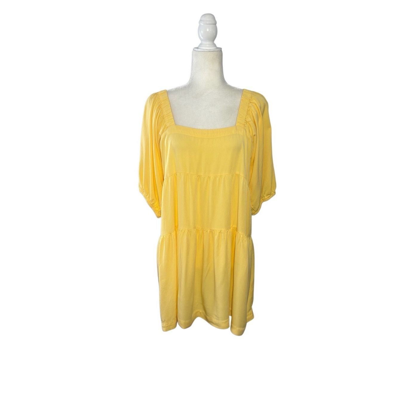 Shinestar Square Neck Tiered Butter Yellow Babydoll Dress With Blouson Sleeves -